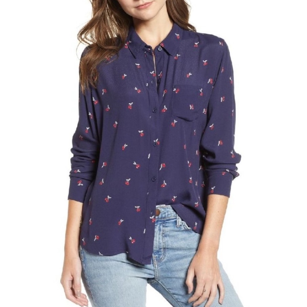 Rails Navy Cherry Print Button Down Top sz. S NWOT